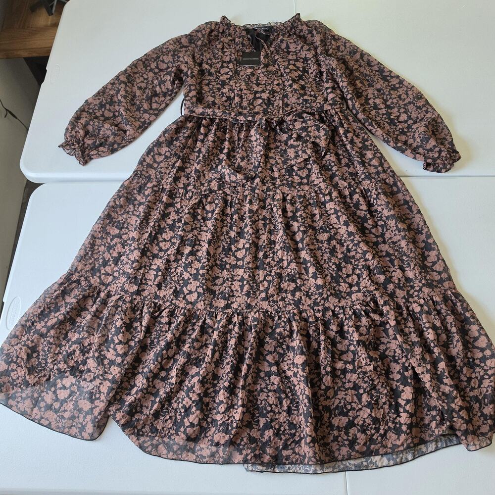 Saks Fifth Avenue Dress Womens Small Brown Black Floral Chiffon Maxi Long Sleeve